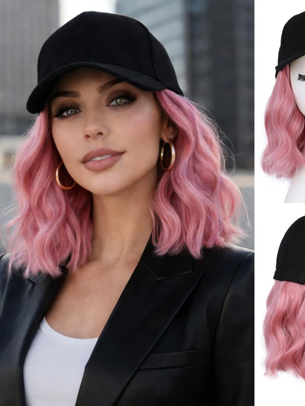 AISI QUEENS Hat Wig Hat with Hair Attached  - Pink Hair 14 inch